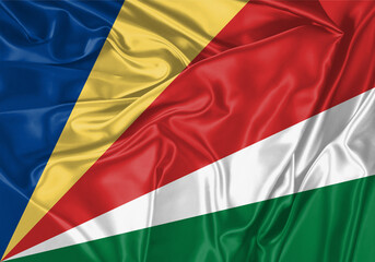 Seychelles flag waving in the wind. National flag on satin cloth surface texture. Background for...