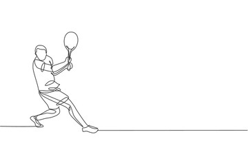 One continuous line drawing young happy tennis player defense and hit the ball. Competitive sport concept. Dynamic single line draw design vector illustration graphic for tournament promotion poster