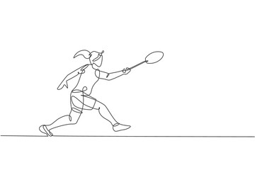One continuous line drawing of young badminton player hit shuttlecock with racket. Competitive sport concept. Dynamic single line draw design vector illustration for tournament match promotion poster