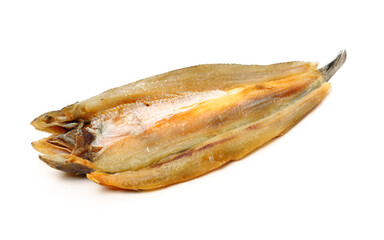 dried fish slices on white background.