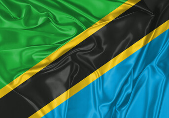 Tanzania flag waving in the wind. National flag on satin cloth surface texture. Background for international concept.