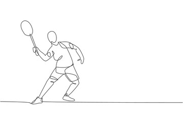 One single line drawing of young energetic badminton player jumping and smash shuttlecock vector illustration. Healthy sport concept. Modern continuous line draw design for badminton tournament poster