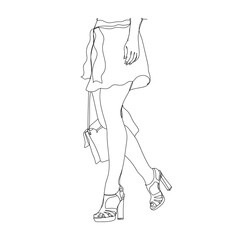 Legs high with  fashion shoes with lady bag  - one line drawing. Vector illustration continuous line drawing.