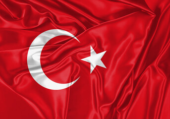 Turkey flag waving in the wind. National flag on satin cloth surface texture. Background for international concept.