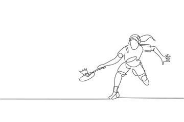 One continuous line drawing of young badminton player defense to hold opponent hit. Competitive sport concept. Dynamic single line draw design vector illustration for tournament match promotion poster
