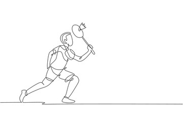 Fototapeta na wymiar Single continuous line drawing of young agile badminton player take a hit from opponent. Sport training concept. Trendy one line draw design vector illustration for badminton tournament publication