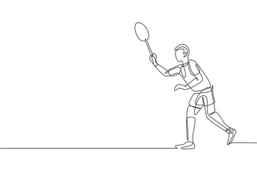 One continuous line drawing of young badminton player ready to take opponent serve. Sport exercise concept. Dynamic single line draw design vector illustration for tournament match promotion poster