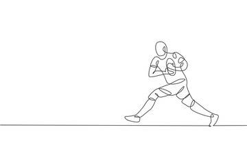 Fototapeta na wymiar One single line drawing of young energetic rugby player running and holding ball vector illustration. Healthy teamwork sport concept. Modern continuous line draw design for rugby tournament poster