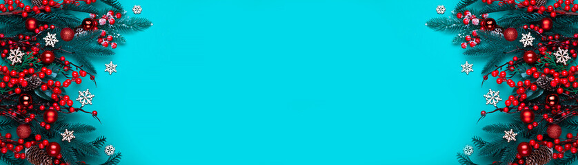 Christmas decorations on the blue background with copy space for your text. Banner.