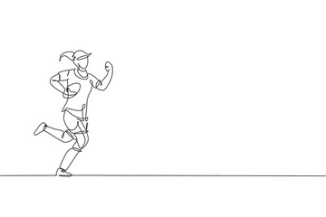 One single line drawing of young energetic rugby player running and holding the ball vector illustration. Healthy sport concept. Modern continuous line draw design for basketball tournament poster