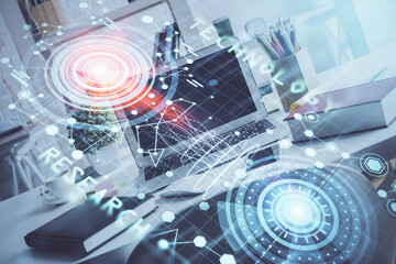 Multi exposure of desktop with personal computer and tech theme drawing. Concept of Bigdata.
