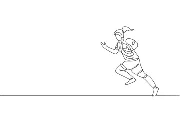 One continuous line drawing of young female rugby player catch and hold the ball. Competitive aggressive sport concept. Dynamic single line draw design vector illustration for tournament promotion