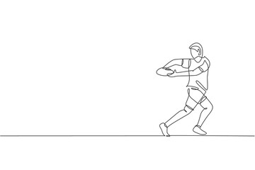 One continuous line drawing of young male rugby player catch the ball. Competitive aggressive sport concept. Dynamic single line draw design vector illustration for rugby tournament promotion media