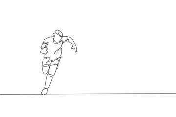 One continuous line drawing of young man rugby player run and hold the ball. Competitive aggressive sport concept. Dynamic single line draw design vector illustration for tournament promotion media