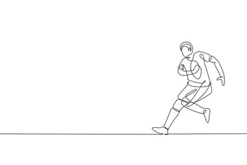 One single line drawing of young energetic rugby player training and practicing at field vector illustration. Full body contact sport concept. Modern continuous line draw design for rugby tournament