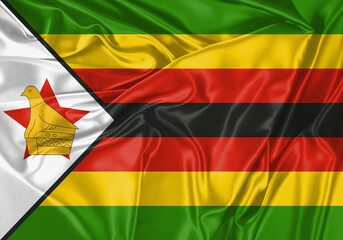 Zimbabwe flag waving in the wind. National flag on satin cloth surface texture. Background for international concept.