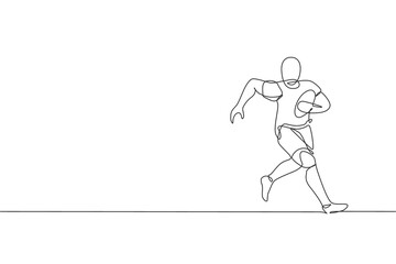One single line drawing of young energetic man rugby player running to avoid rival chase vector illustration. Healthy sport concept. Modern continuous line draw design for rugby tournament banner
