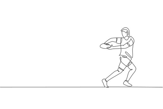 One continuous line drawing of young male rugby player catch the ball. Competitive aggressive sport concept. Dynamic single line draw design vector illustration for rugby tournament promotion media