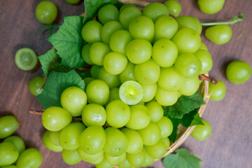 Shine Muscat Grape with leaves in wooden background, Green grape in Bamboo basket on wooden table in garden.