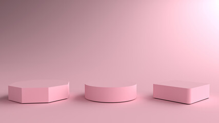 3D Render of Abstract pink Composition with Podium. Minimal Studio with Square, Round and Octagonal Pedestal. Pedestal can be used for advertising, Isolated on pink background, Product Presentation.