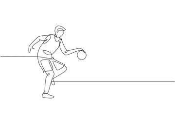 One single line drawing of young energetic basketball player train at court graphic vector illustration. Sports competition concept. Modern continuous line draw design for basketball tournament poster