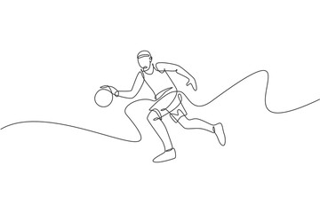 Single continuous line drawing of young healthy basketball player dribbling a ball. Competitive sport concept. Trendy one line draw design vector illustration for basketball tournament promotion media