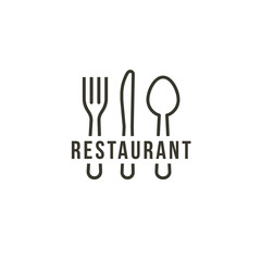 Knife, spoon and spoon, isolated icon on white background. Contour cutlery, simple line art style vector logo concept. Simple graphic for restaurant business, recipe book or cutlery shop