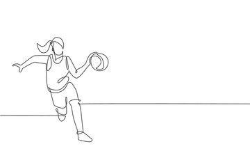One continuous line drawing of young basketball woman player running and dribbling a ball. Competitive team sport concept. Dynamic single line draw design vector illustration graphic for sport poster