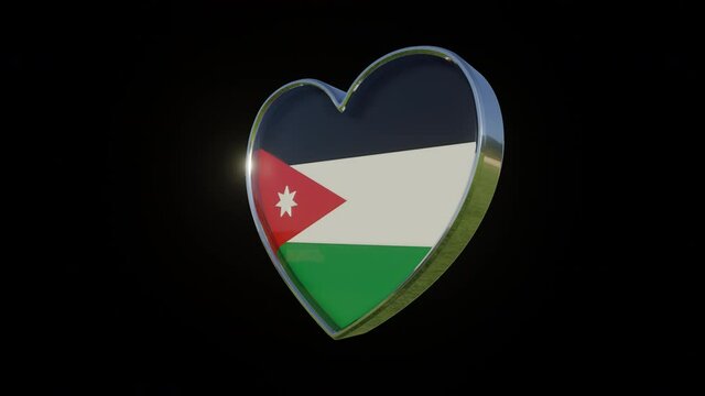 Flag of Hashemite Kingdom of Jordan in the shape of 3D heart. Metallic heart with glass and relief elements of the country flag. Animation with alpha channel.