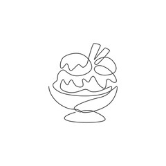 One continuous line drawing fresh delicious sundae ice cream restaurant logo emblem. Sweet dessert food cafe shop logotype template concept. Modern single line draw design graphic vector illustration