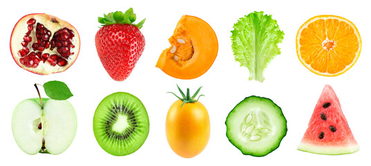 Collection of fruits and vegetables isolated on white background. Fresh food