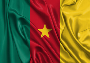 Cameroon , national flag on fabric texture. International relationship.