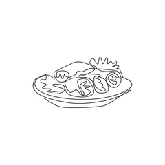 Single continuous line drawing of stylized Chinese spring roll on plate logo label.  Asian restaurant concept. Modern one line draw design vector illustration for cafe, shop or food delivery service