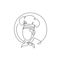 Obraz premium One single line drawing of chef man character for restaurant logo vector graphic illustration. Food cafe mascot badge concept. Modern continuous line draw design five star restaurant hotel logotype