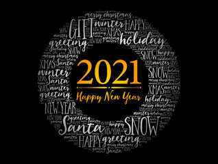 Fototapeta premium 2021 Happy New Year. Christmas background word cloud, holidays lettering collage