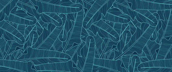 Luxury nature line art ink drawing background vector. Botanical leaves, Canna leaves, banana leaf, and Tropical floral pattern  vector illustration.