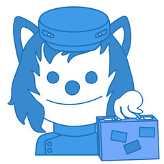 emoticons with a happy wolf hotel receptionist or doorman in standard uniform with a jacket and a cap holding a suitcase in his hand, simple hand-drawn emoticon, simplified facial expression