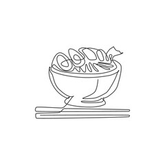 One continuous line drawing of fresh delicious Japanese ramen restaurant logo emblem. Fast food Japan noodle cafe shop logotype template concept. Modern single line draw design vector illustration