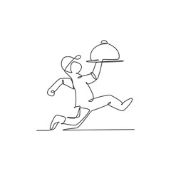 One single line drawing happy young man carrying steel tray cover cloche for food delivery service logo vector graphic illustration. Cafe restaurant badge concept. Modern continuous line draw design
