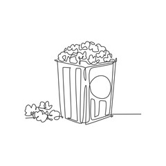 One continuous line drawing of fresh sweet delicious pop corn with stripped pattern paper box . Snack for watching movies concept. Modern single line draw design graphic vector illustration