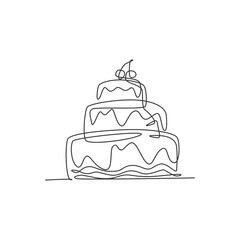 One continuous line drawing of fresh delicious stacked birthday cake with strawberry fruit topping. Pastry confectionery concept. Modern single line draw design graphic vector illustration