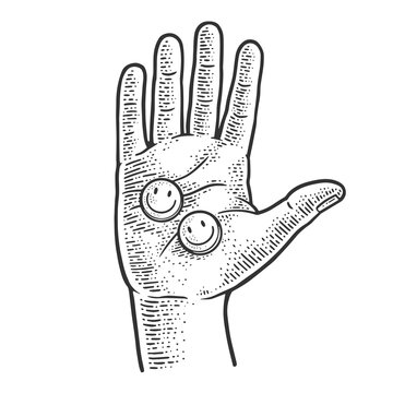 Hand with smiley drug pills sketch engraving vector illustration. T-shirt apparel print design. Scratch board imitation. Black and white hand drawn image.