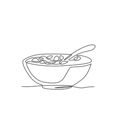 Single continuous line drawing of stylized bowl of cereal breakfast with fresh milk. Healthy whole wheat food concept. Modern one line draw design natural food vector illustration graphic