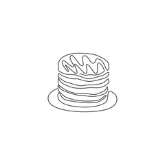 One continuous line drawing of fresh delicious American pancake piled restaurant logo emblem. Breakfast food cafe shop logotype template concept. Modern single line draw design vector illustration