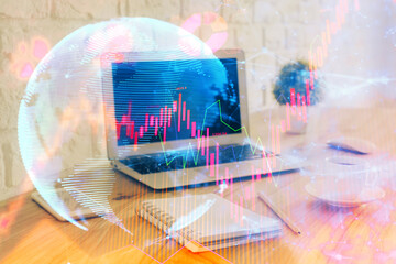 Multi exposure of business theme icons and work space with computer background. Concept of success.