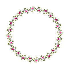 Floral wreath, branches with leaves and bright magenta flowers on white. Vector illustration, design for poster, banner, invitation, book, fashion fabric, wrapping.