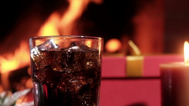 Carbonated Cola drink in glass is cooled with ice cubes in front of burning fire in fireplace. Non-alcoholic party in cozy house with gifts and drink. Cocktail party with ice
