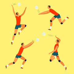 Set of different poses of volleyball player man