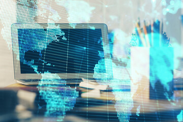 Multi exposure of business theme icons and work space with computer background. Concept of success.