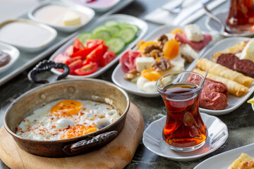 Traditional delicious Turkish breakfast. Food concept photo.